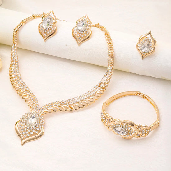 Liffly Fashion Dubai Jewelry Sets for Women Gold Color Zircon Necklace Earrings Bracelet Ring Wedding Bridal Party Accessories