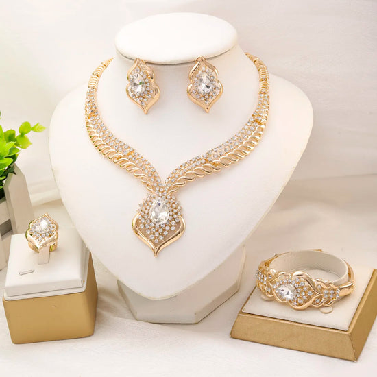 Liffly Fashion Dubai Jewelry Sets for Women Gold Color Zircon Necklace Earrings Bracelet Ring Wedding Bridal Party Accessories