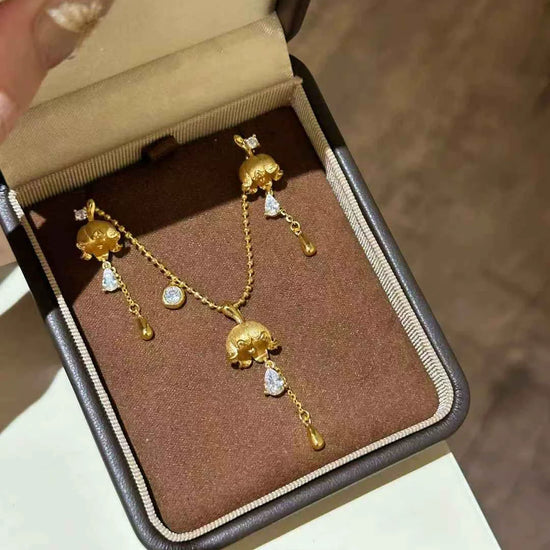 Foydjew Retro Elegant Lily of the Valley Flower Design Gold Color Tassel Necklaces Inlaid Zircon Earrings Jewelry Sets For Women
